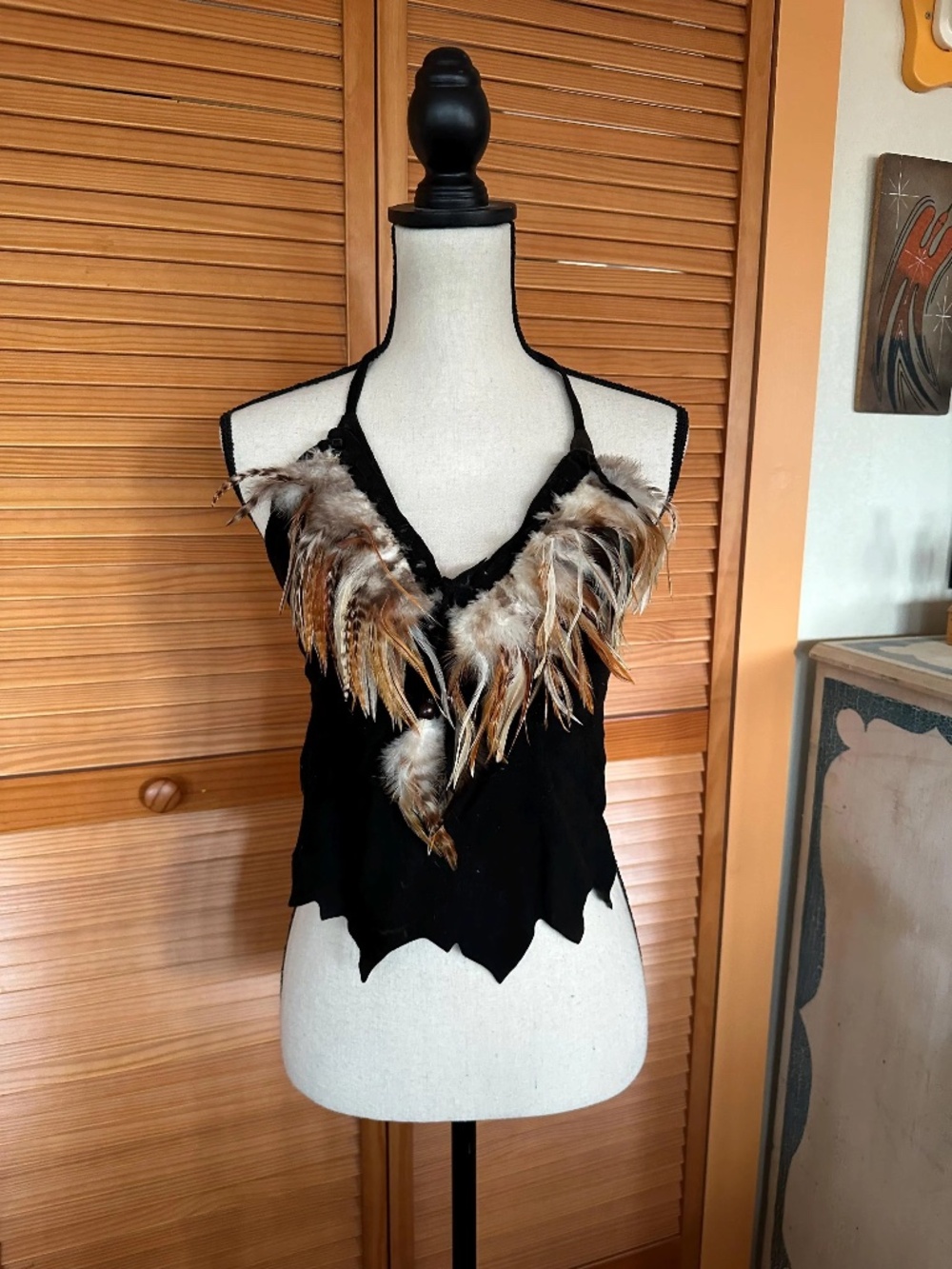 1970s Leather Halter Top: Handmade Whipstitched Suede, Feather & Bead Detail